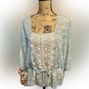 Maurices Blouse Sheer Floral Lace Size L Baby Blue White Feminine Silhouette NWT